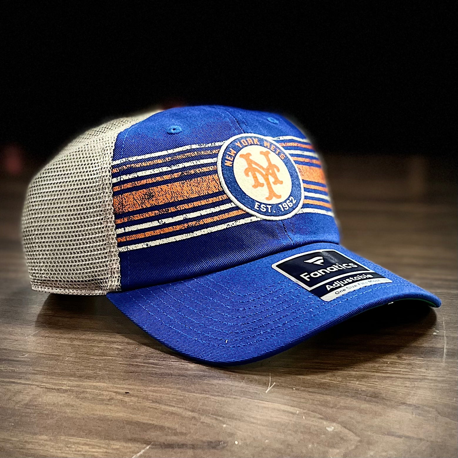 New York Mets True Classic Retro Striped Trucker Snapback Hat - Royal/Natural - Dynasty Sports & Framing 