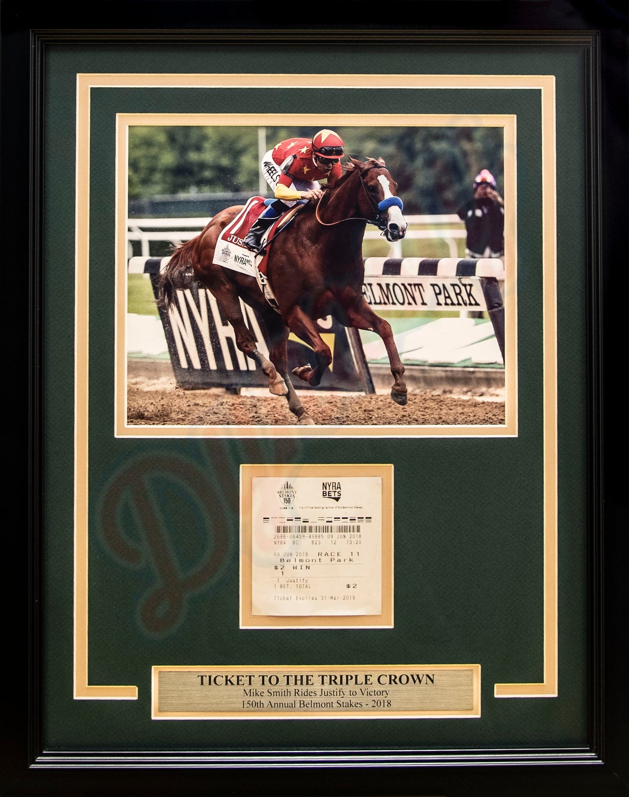 Mike Smith & Justify 2018 Belmont Stakes Framed and Matted Horse Racing Ticket Collage - Dynasty Sports & Framing 